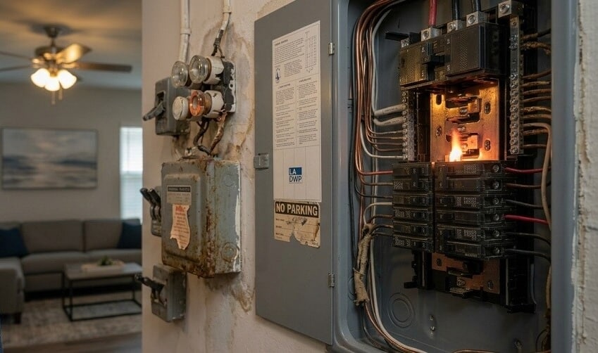 Old electrical panel catching fire