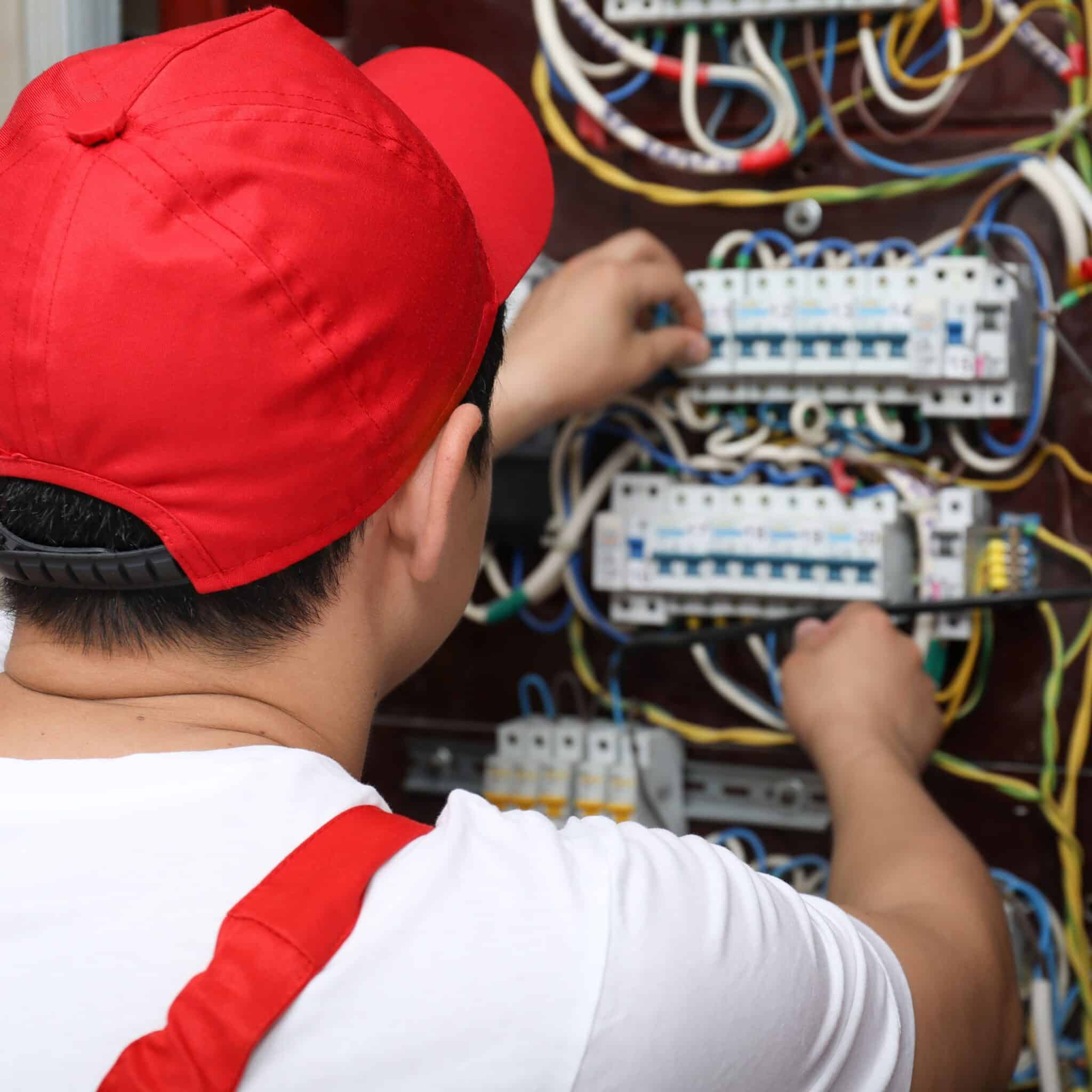 An electrician working on a breaker
