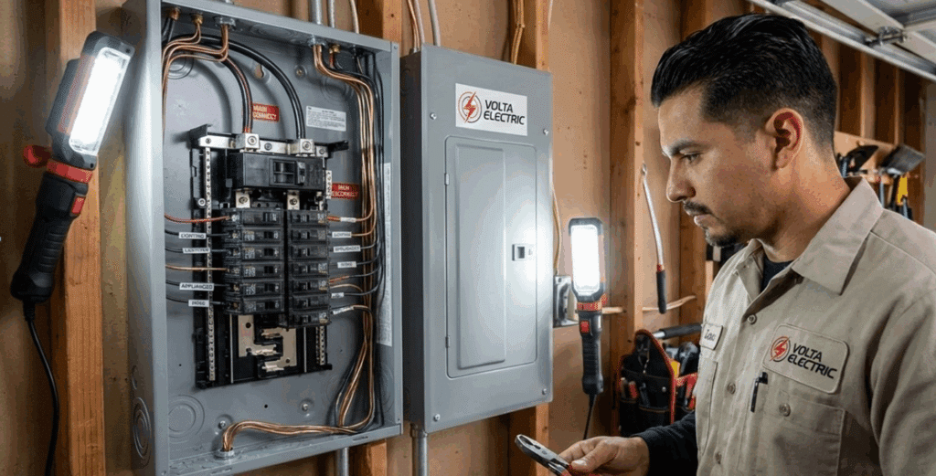 Outdated electrical panel in a Lakewood home showing signs that an electrical panel upgrade is needed