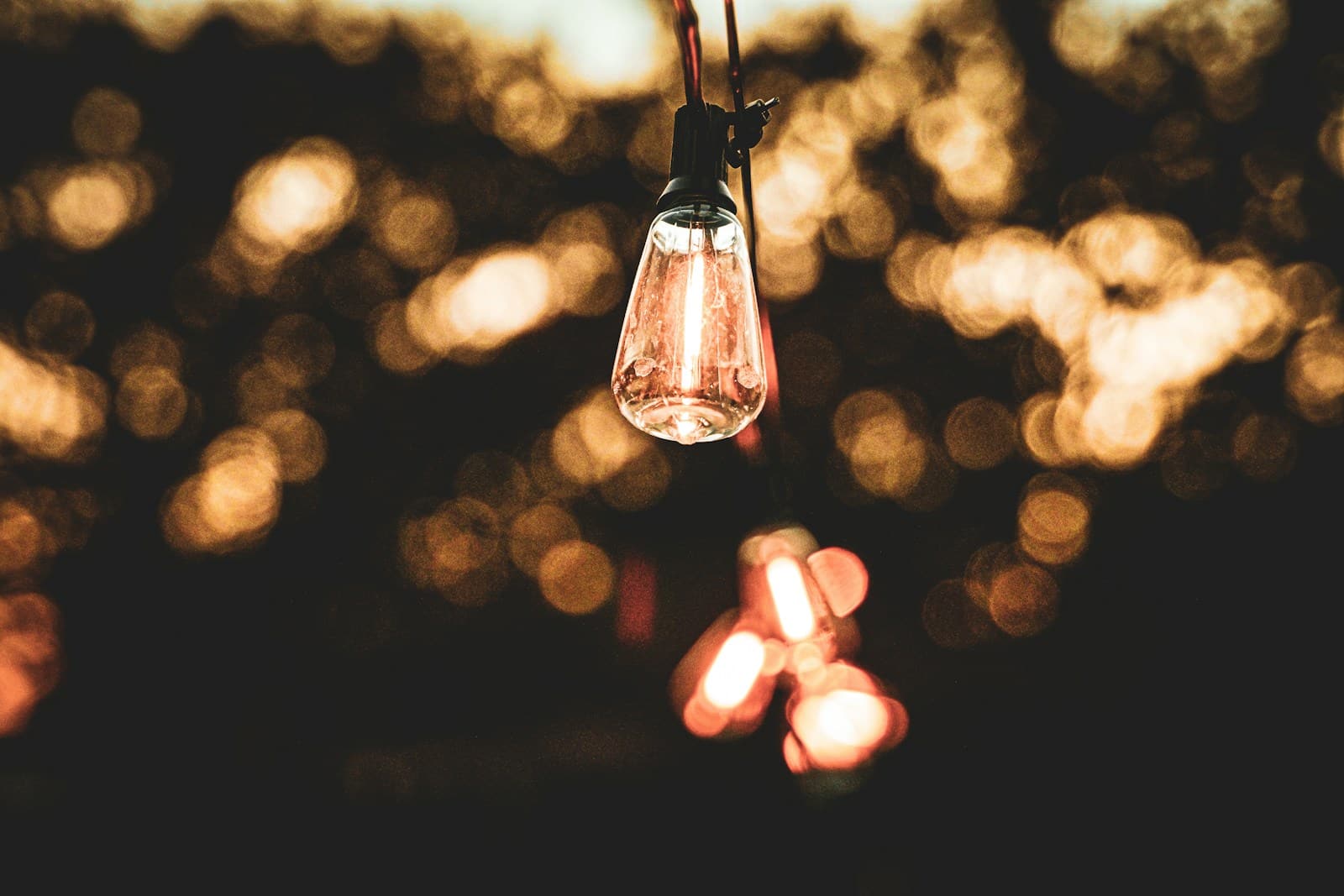 A close up of a light bulb hanging from a wire