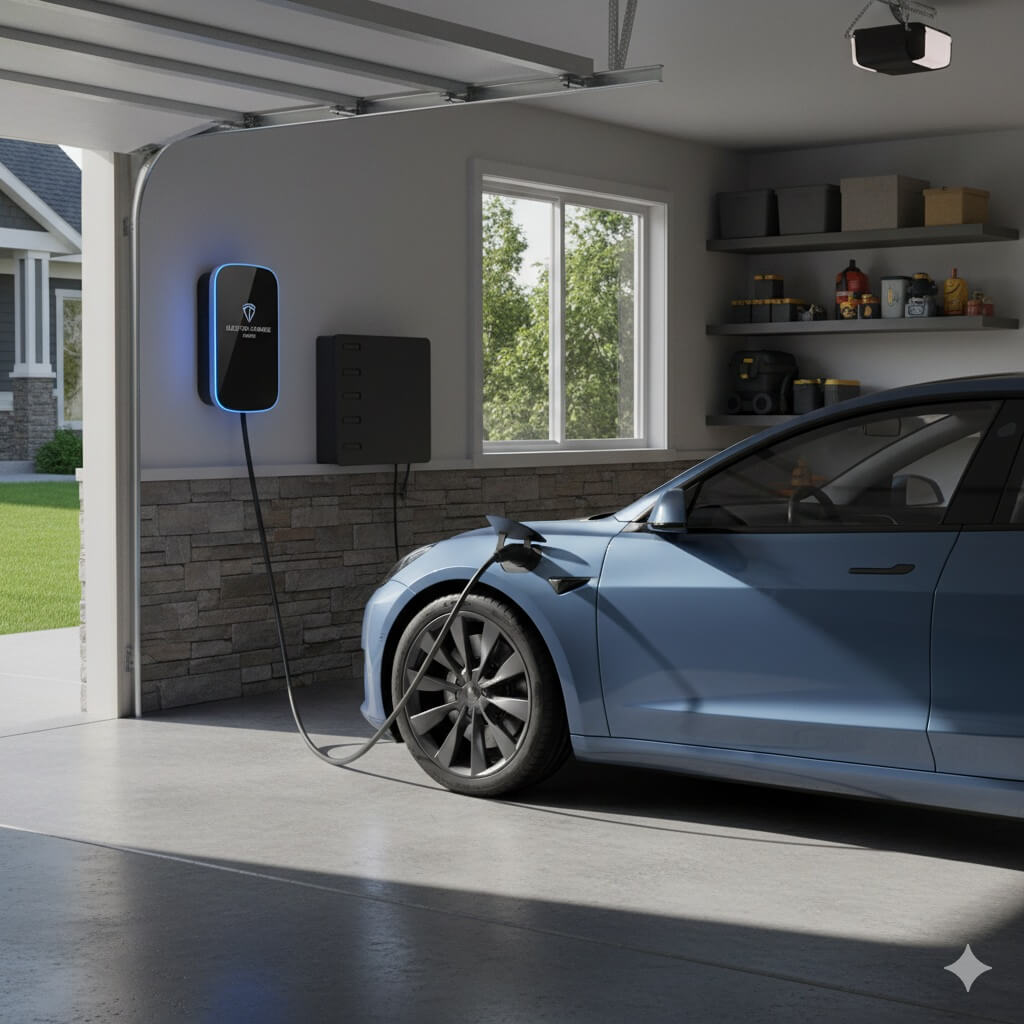 An electric car being charged with an EV charger in California home
