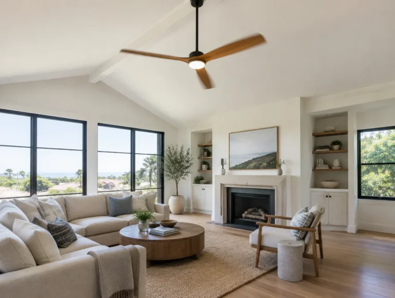 Modern ceiling fan with a light on the vaulted ceiling of a bright living room