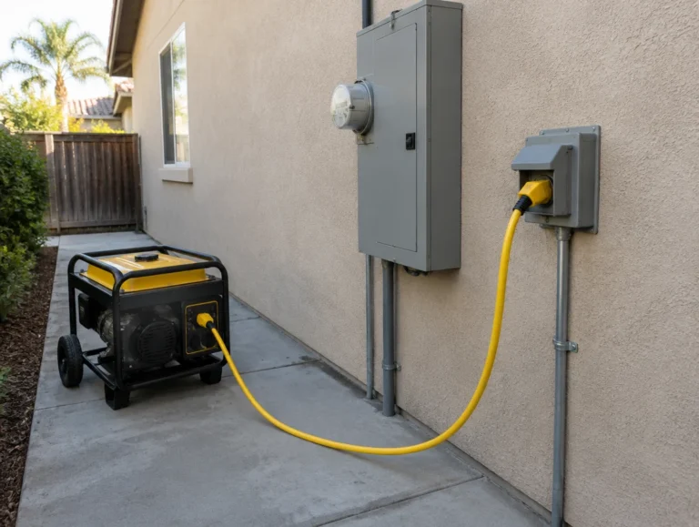 Portable generator connected by a cord to a power inlet box beside a home electrical panel