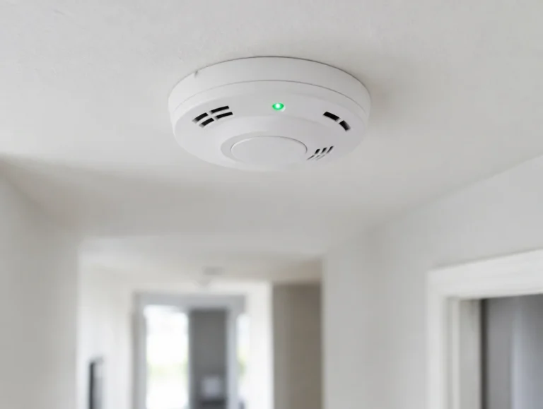 Hardwired smoke and carbon monoxide alarm on a hallway ceiling