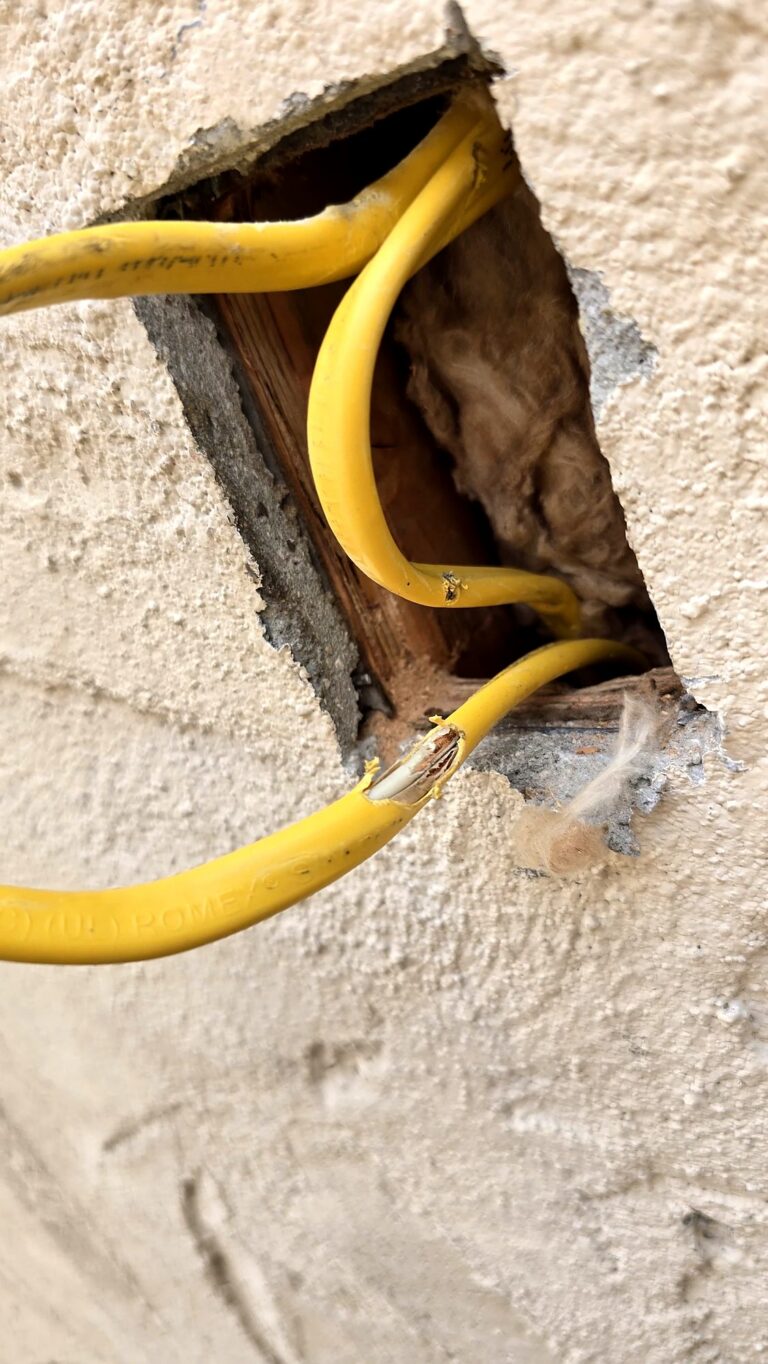 Damaged electrical cable with a torn jacket exposing the wires inside an opening in an exterior wall