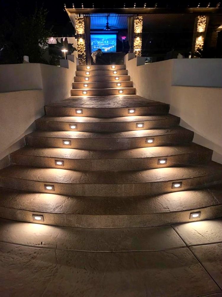 Outdoor stair with step lights at night