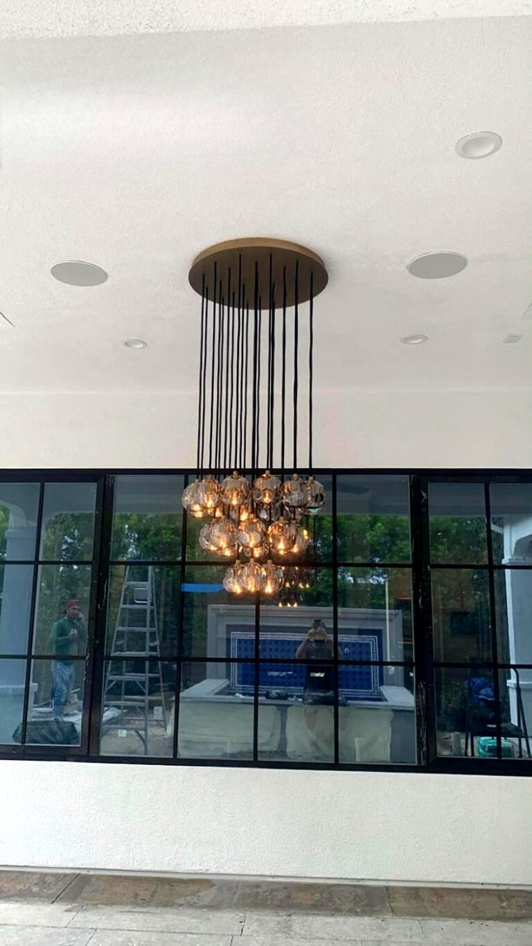 Cluster chandelier on a covered patio