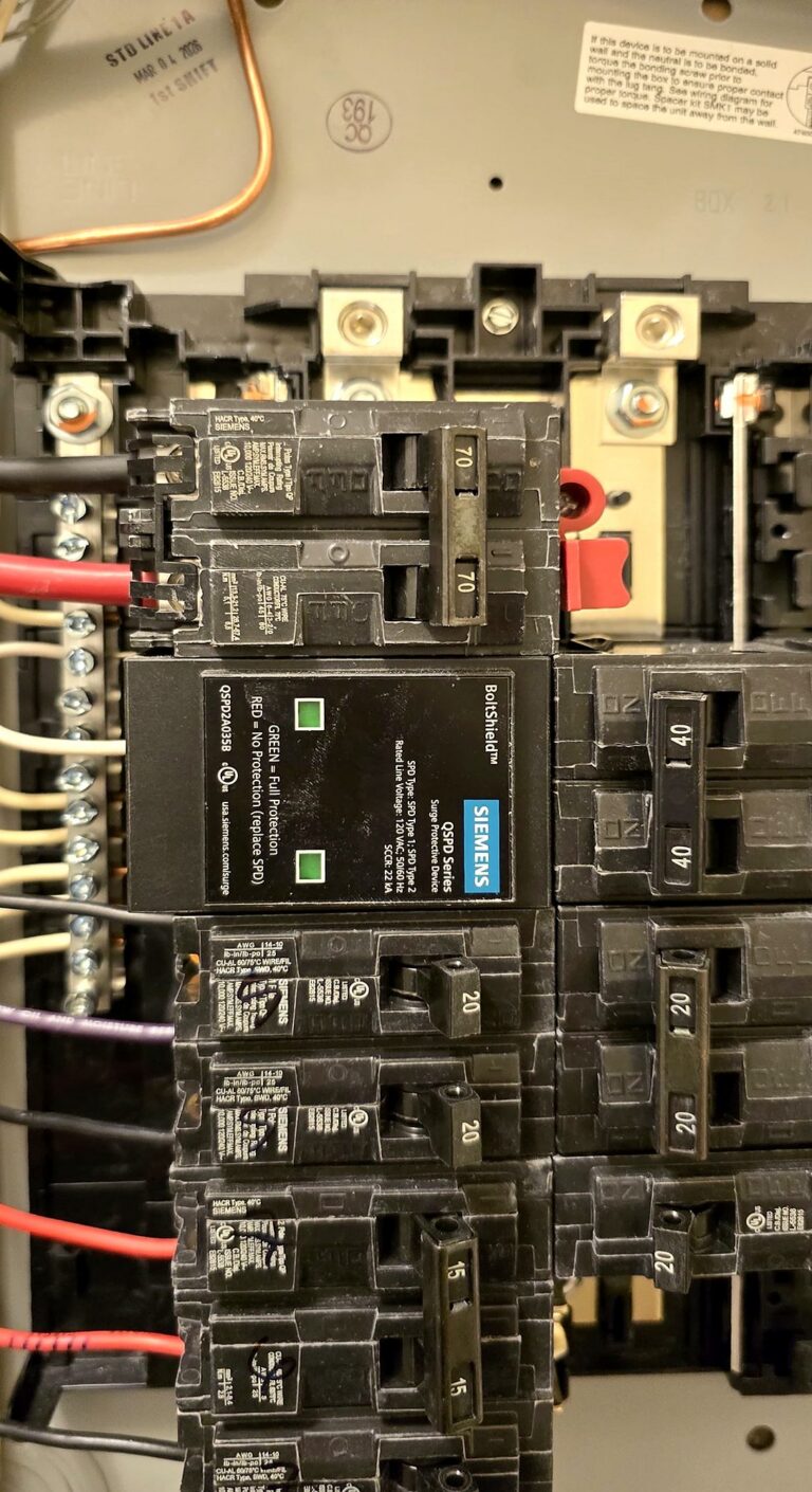 Whole-home surge protector installed inside an electrical panel by Volta Electric